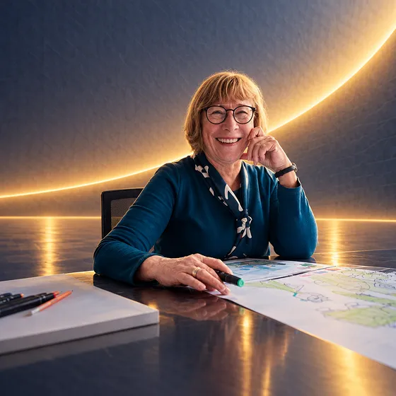 Smiling accountant at a desk with plans