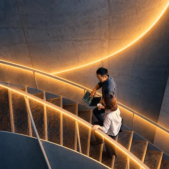 Two colleagues talking on a lit spiral staircase